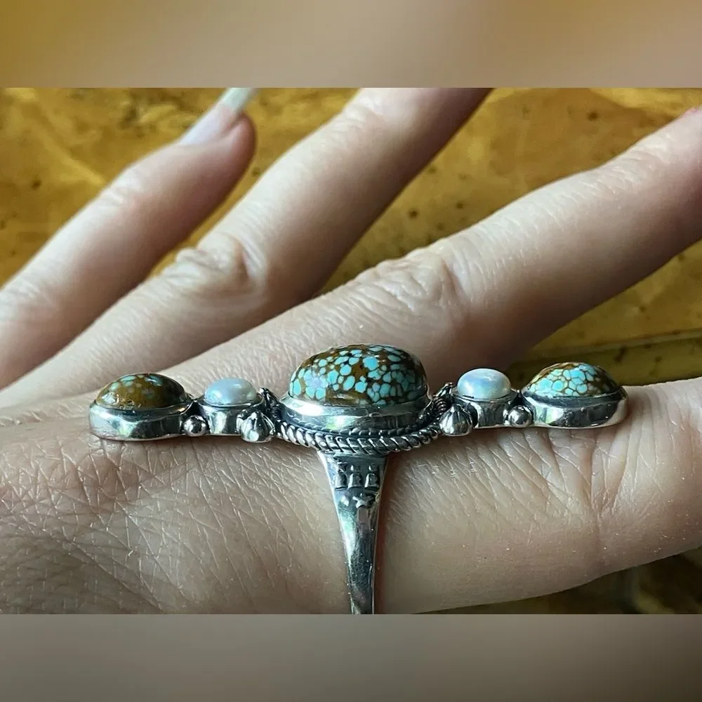 Royston Blue Horizon Turquoise Pearl Sterling Silver Ring Size 9